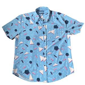 VSTR‎ Button Up Shirt Mens Large Blue Geometric Stretch Short Sleeve Casual
